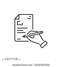 writing legal contract icon, pencil in hand and business document or report job, resume finance process, thin line symbol isolated on white background, editable stroke eps 10 vector illustration