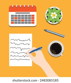 Writing a Letter on Office Table Flat Lay. Work place and people communicating concept vector art