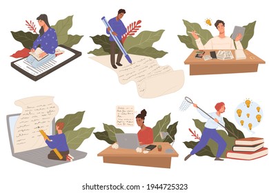 Writing letter on paper and composing texts or articles. Copywriting and creative work. People with laptops and gadgets, using pens to express ideas and copy with paperwork. Vector in flat style