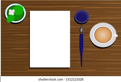 writing a letter - paper, pen and a cup of cappuccino arranged on wooden desk decorated with little cactus