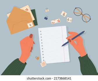 Writing a letter. Pen in hand. Envelopes, post stamps and post cards on the table. Top-down view. Modern vector illustrated banner, card design. Correspondence and postal delivery concept.