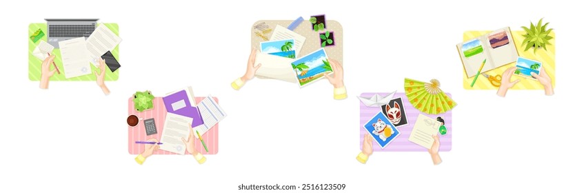 Writing Letter with Photo and Fill Paper Document with Human Hands Above View Vector Set