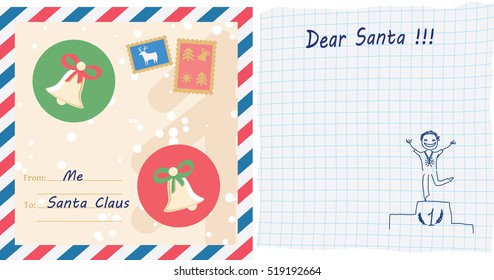 Writing a letter to Santa Claus. Postal envelope with stamps. Handwritten wishlist with child drawing on squared paper. Vector illustration