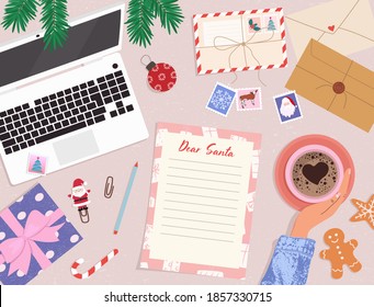 Writing letter to Santa Claus wish list. Envelopes, laptop and postcards, stamp, gift, gingerbread on the table. Top down view. Modern Christmas vector illustration for design