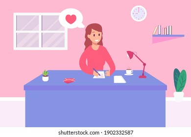 Writing letter vector concept: Young woman writing love letter to her boyfriend while enjoying leisure time 