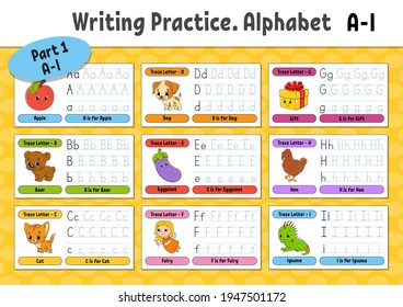 Writing letters. Set tracing page. Practice sheet. Worksheet for kids. Learn alphabet. Cute characters. Vector illustration. Cartoon style.