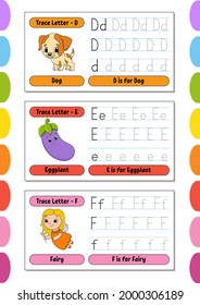 Writing letters. Set tracing page. Practice sheet. Worksheet for kids. Learn alphabet. Cute characters. Vector illustration. Cartoon style.