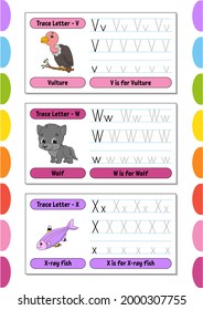 Writing letters. Set tracing page. Practice sheet. Worksheet for kids. Learn alphabet. Cute characters. Vector illustration. Cartoon style.