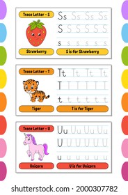 Writing letters. Set tracing page. Practice sheet. Worksheet for kids. Learn alphabet. Cute characters. Vector illustration. Cartoon style.