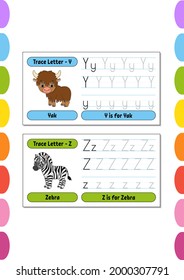 Writing letters. Set tracing page. Practice sheet. Worksheet for kids. Learn alphabet. Cute characters. Vector illustration. Cartoon style.