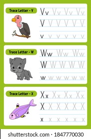 Escribiendo cartas. Página de seguimiento. Hoja de prácticas. Hoja de trabajo para niños. ejercicio para preescolares. Aprender alfabeto. Caracteres de corte. Ilustración vectorial. Estilo de caricatura.