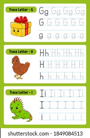 Writing letters. Tracing page. Practice sheet. Worksheet for kids. exercise for preschools. Learn alphabet. Cute characters. Vector illustration. Cartoon style.