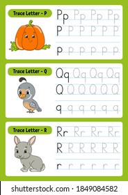 Writing letters. Tracing page. Practice sheet. Worksheet for kids. exercise for preschools. Learn alphabet. Cute characters. Vector illustration. Cartoon style.