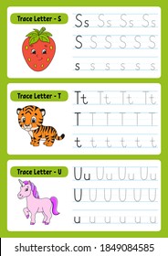 Writing letters. Tracing page. Practice sheet. Worksheet for kids. exercise for preschools. Learn alphabet. Cute characters. Vector illustration. Cartoon style.