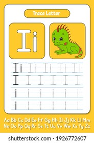 Writing letters. Tracing page. Practice sheet. Worksheet for kids. Learn alphabet. Cute character. Color vector illustration. Cartoon style.