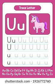 Writing letters. Tracing page. Practice sheet. Worksheet for kids. Learn alphabet. Cute character. Color vector illustration. Cartoon style.