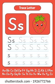 Writing letters. Tracing page. Practice sheet. Worksheet for kids. Learn alphabet. Cute character. Color vector illustration. Cartoon style.