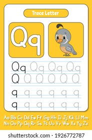 Writing letters. Tracing page. Practice sheet. Worksheet for kids. Learn alphabet. Cute character. Color vector illustration. Cartoon style.