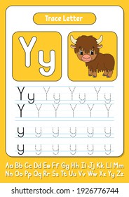 Writing letters. Tracing page. Practice sheet. Worksheet for kids. Learn alphabet. Cute character. Color vector illustration. Cartoon style.