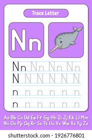 Writing letters. Tracing page. Practice sheet. Worksheet for kids. Learn alphabet. Cute character. Color vector illustration. Cartoon style.