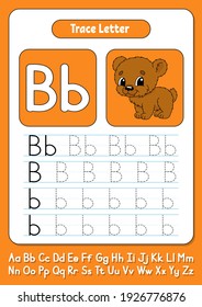 Writing letters. Tracing page. Practice sheet. Worksheet for kids. Learn alphabet. Cute character. Color vector illustration. Cartoon style.