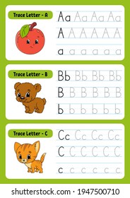 Writing letters. Tracing page. Practice sheet. Worksheet for kids. Exercise for preschools. Learn alphabet. Cute characters. Vector illustration. Cartoon style.