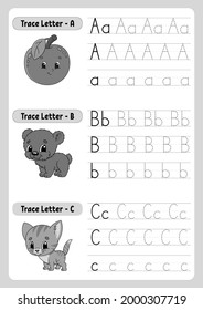 Writing letters. Tracing page. Practice sheet. Worksheet for kids. Exercise for preschools. Learn alphabet. Cute characters. Vector illustration. Cartoon style.