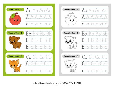 Escribiendo cartas. Página de seguimiento. Hoja de prácticas. Hoja de trabajo para niños. Ejercicio para preescolares. Aprender alfabeto. Caracteres de corte. Ilustración vectorial. Estilo de caricatura.