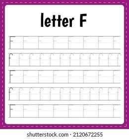Writing letters. Tracing page. Practice sheet. Worksheet for kids. Learn alphabet. Letter F