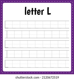 Writing letters. Tracing page. Practice sheet. Worksheet for kids. Learn alphabet. Letter L