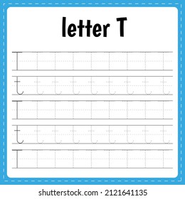 Writing letters. Tracing page. Practice sheet. Worksheet for kids. Learn alphabet. Letter T