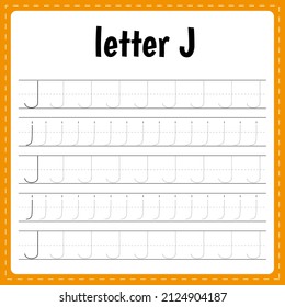Writing letters. Tracing page. Practice sheet. Worksheet for kids. Learn alphabet. Letter J