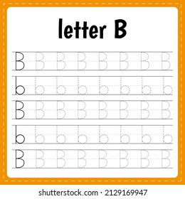 Writing letters. Tracing page. Practice sheet. Worksheet for kids. Learn alphabet. Letter B