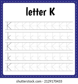 Writing letters. Tracing page. Practice sheet. Worksheet for kids. Learn alphabet. Letter K
