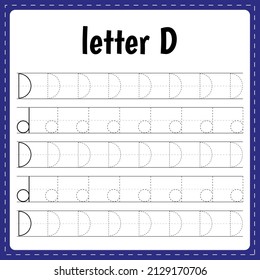 Writing letters. Tracing page. Practice sheet. Worksheet for kids. Learn alphabet. Letter D