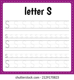 Writing letters. Tracing page. Practice sheet. Worksheet for kids. Learn alphabet. Letter S