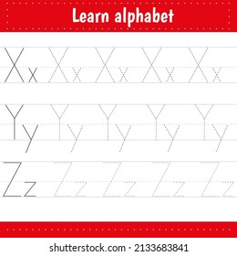 Schreiben von Briefen. Ablaufseite. Übungsblatt. Arbeitsblatt für Kinder. Lerne Alphabet.