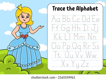 Writing letters. Tracing page. Practice sheet. Worksheet for kids. Learn alphabet. Cute character. Color vector illustration. Cartoon style.