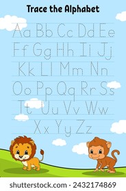 Writing letters. Tracing page. Practice sheet. Worksheet for kids. Learn alphabet. Cute character. Cartoon style. Vector illustration.