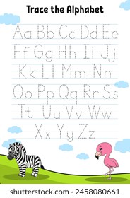 Writing letters. Tracing page. Practice sheet. Worksheet for kids. Learn alphabet. Cute character. Cartoon style. Vector illustration.