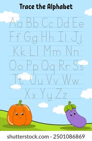 Writing letters. Tracing page. Practice sheet. Worksheet for kids. Learn alphabet. Cute character. Cartoon . Vector illustration.