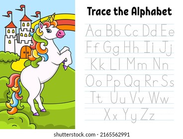Writing letters. Tracing page with unicorn. Practice sheet. Worksheet for kids. Learn alphabet. Cute character. Color vector illustration. Cartoon style.
