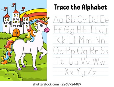Writing letters. Tracing page with unicorn. Practice sheet. Worksheet for kids. Learn alphabet. Cute character. Color vector illustration. Cartoon style.