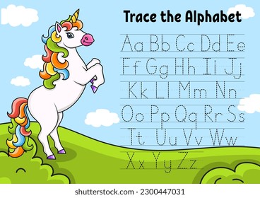 Writing letters. Tracing page with unicorn. Practice sheet. Worksheet for kids. Learn alphabet. Cute character. Color vector illustration. Cartoon style.