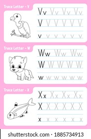 Writing letters. Tracing page. Worksheet for kids. Practice sheet. Learn alphabet. Cute characters. Vector illustration. Cartoon style.
