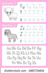 Writing letters. Tracing page. Worksheet for kids. Practice sheet. Learn alphabet. Cute characters. Vector illustration. Cartoon style.