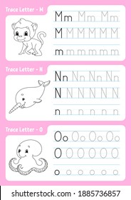 Writing letters. Tracing page. Worksheet for kids. Practice sheet. Learn alphabet. Cute characters. Vector illustration. Cartoon style.
