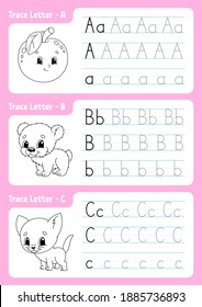 Writing letters. Tracing page. Worksheet for kids. Practice sheet. Learn alphabet. Cute characters. Vector illustration. Cartoon style.
