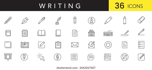 Writing Line Art Icon Set – Minimal Outline Vector Icons of Writing Tools, Notes, and Creative Composition Elements