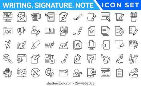 Writing line editable icon set. Containing write, pen, note, pencil, edit, writer, document, text and more. Editable Stroke. Vector illustration.